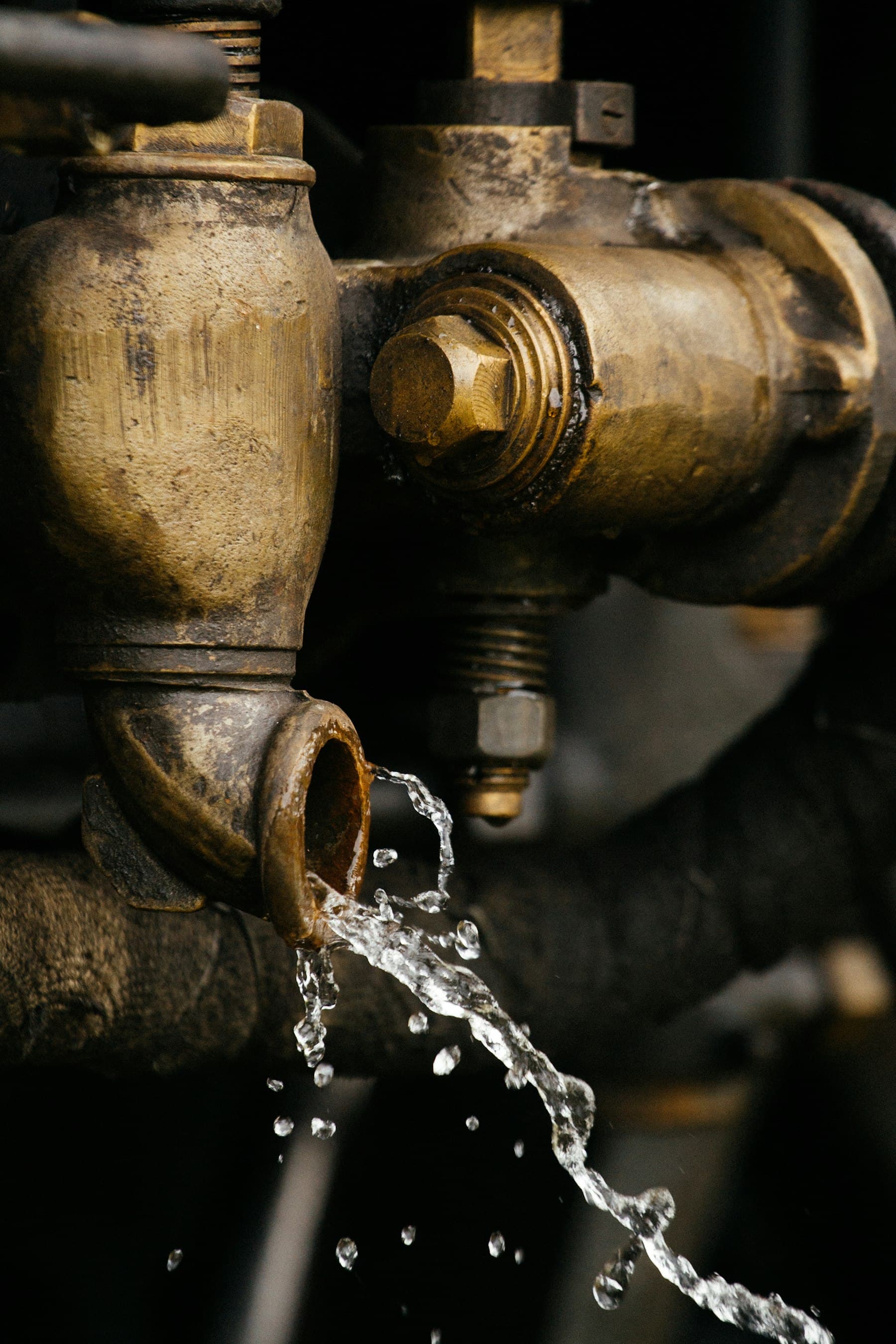 A water droplet forming on a brass pipe fitting