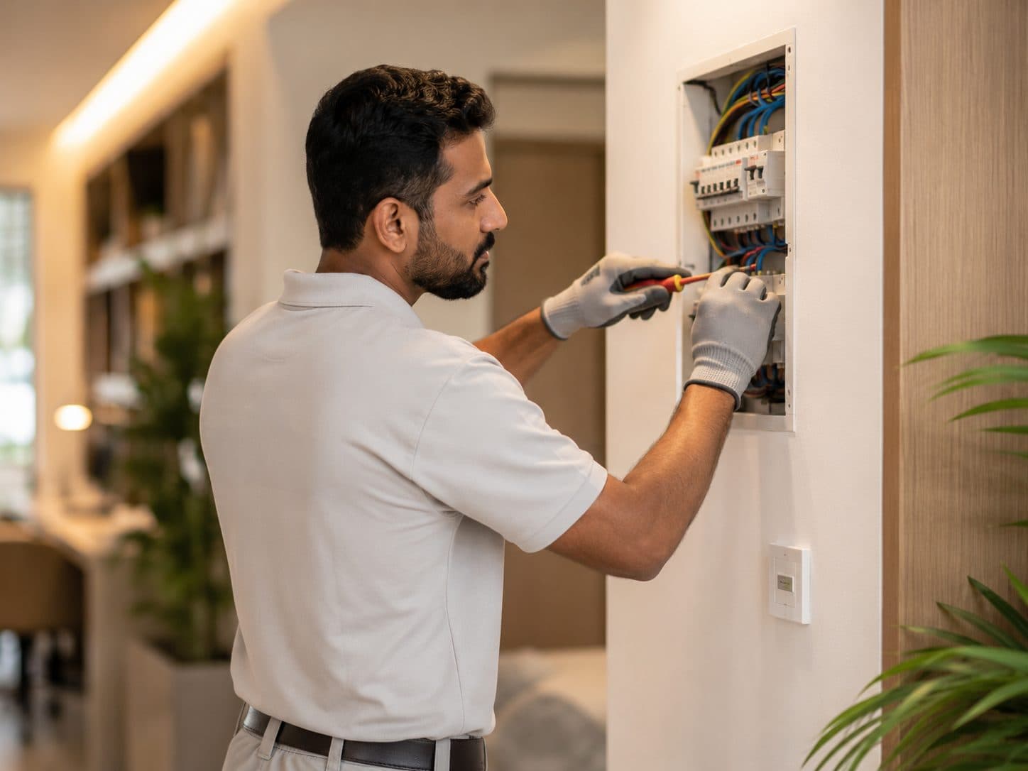 Smartcare technician working on a distribution board inside a home