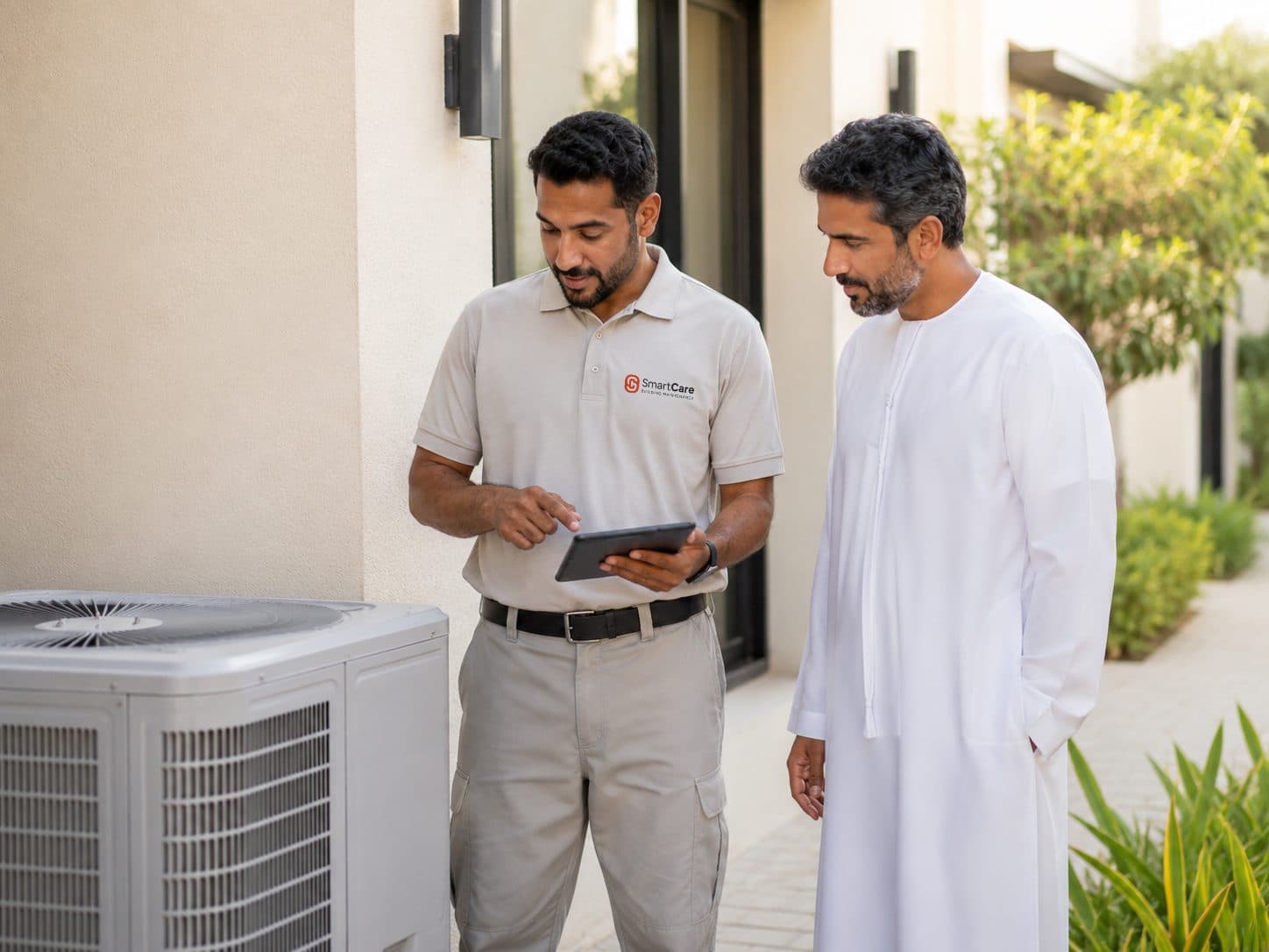 Smartcare technician reviewing an air-conditioning unit with a homeowner