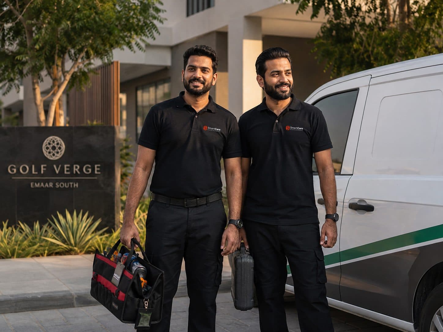 Two Smartcare technicians with their van outside a residential development
