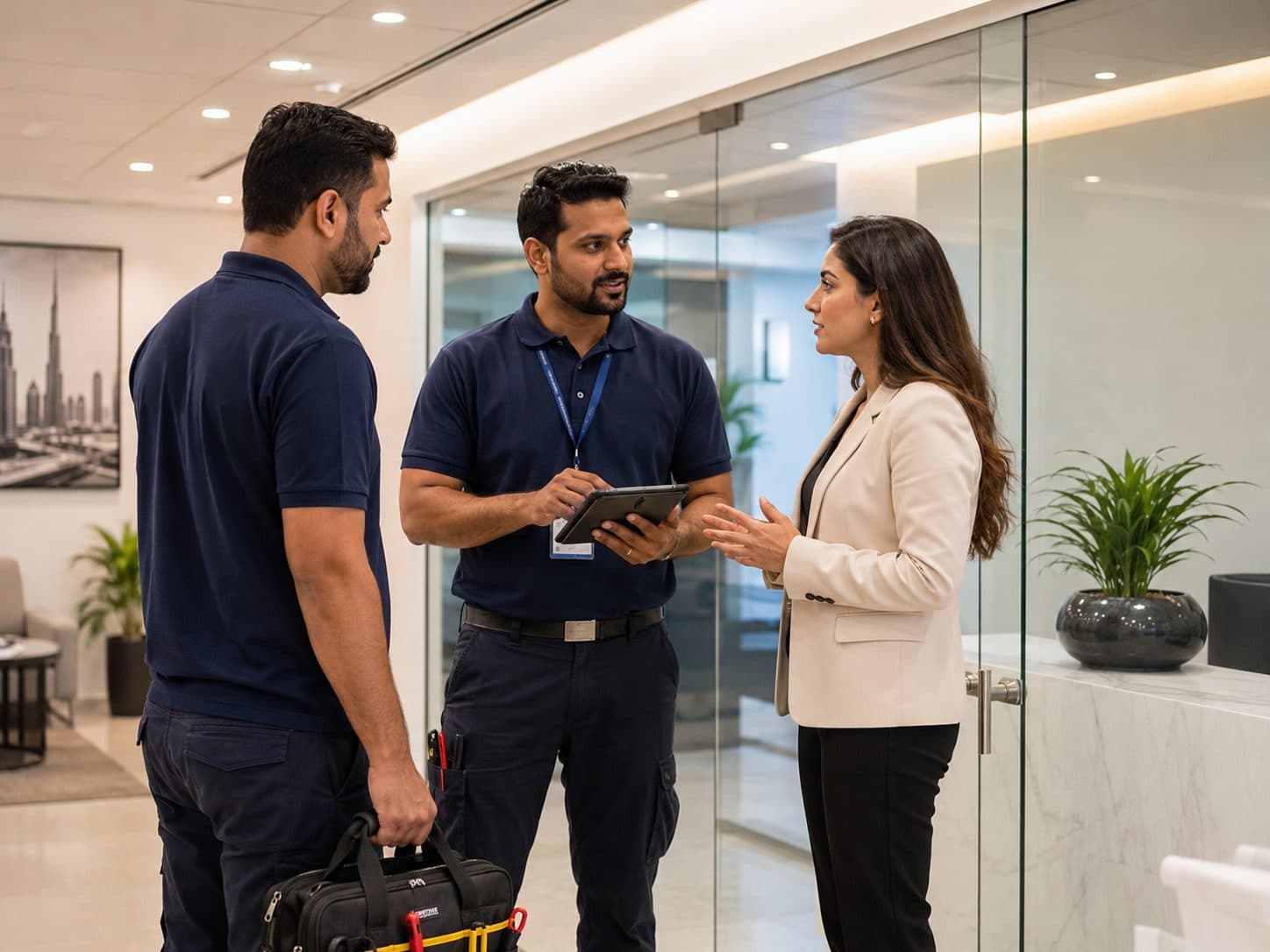Smartcare technicians meeting an office manager on site