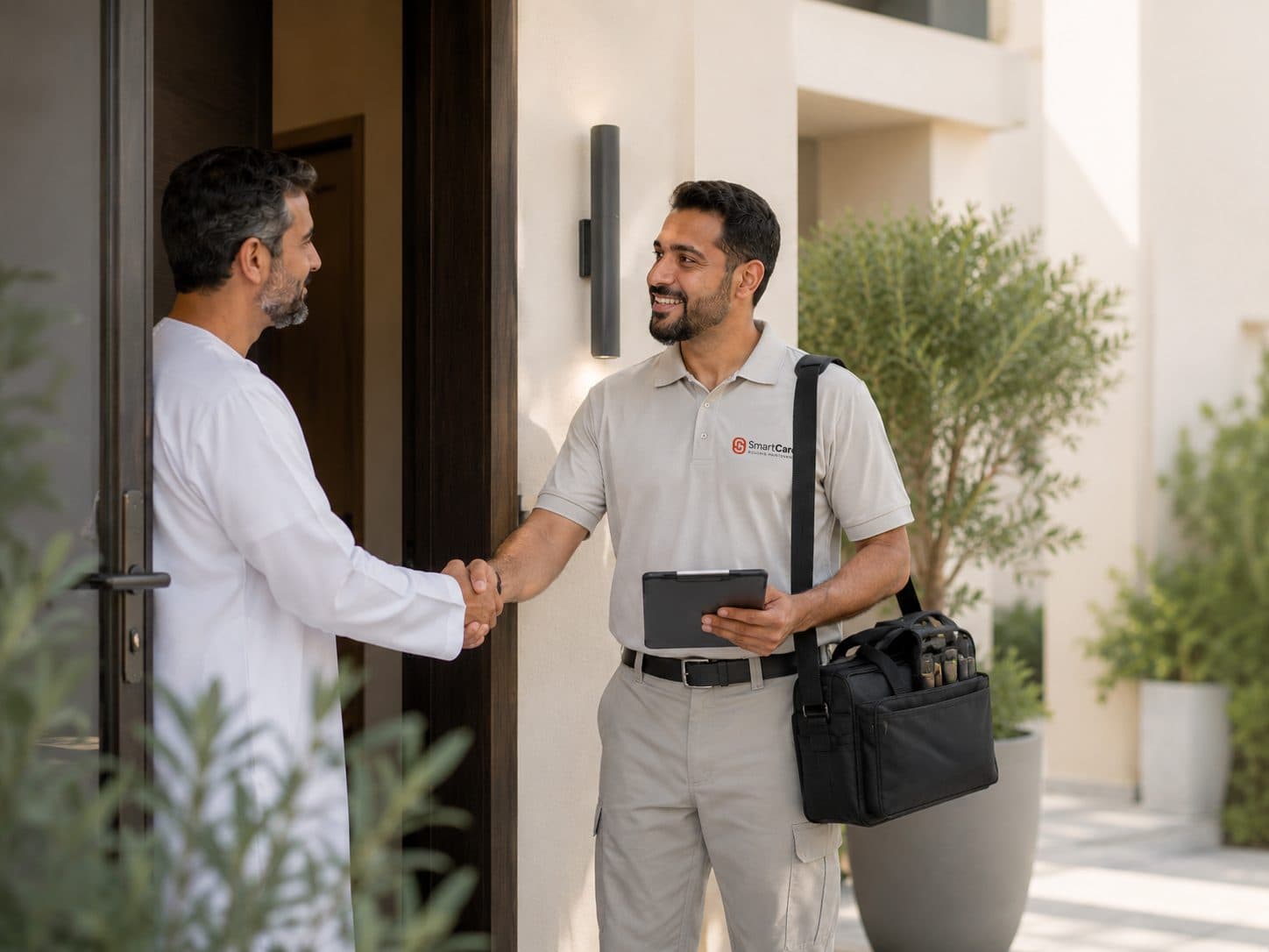 Smartcare technician greeting a homeowner at the door of a villa