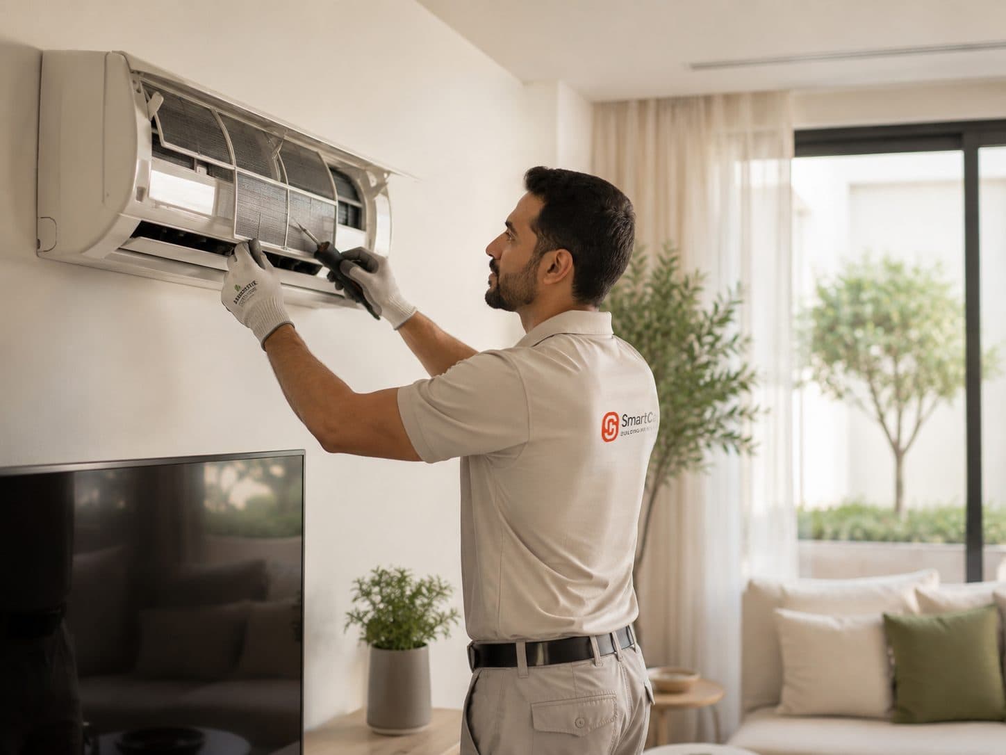 Smartcare technician servicing a wall-mounted air-conditioning unit in a living room