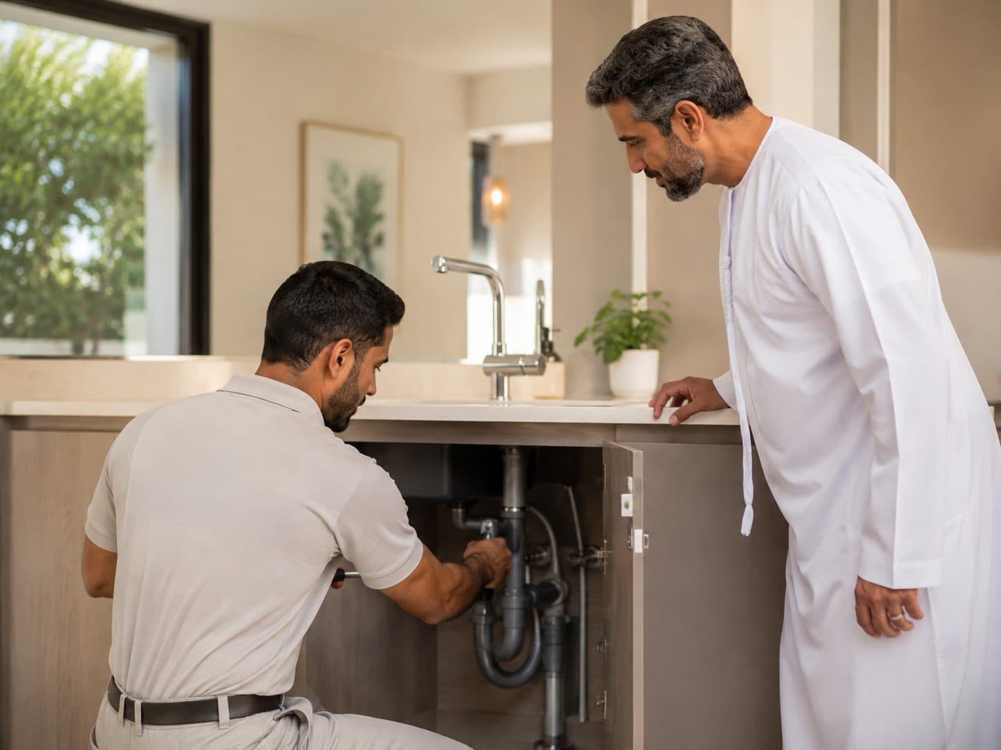 Smartcare technician repairing pipework while the homeowner looks on